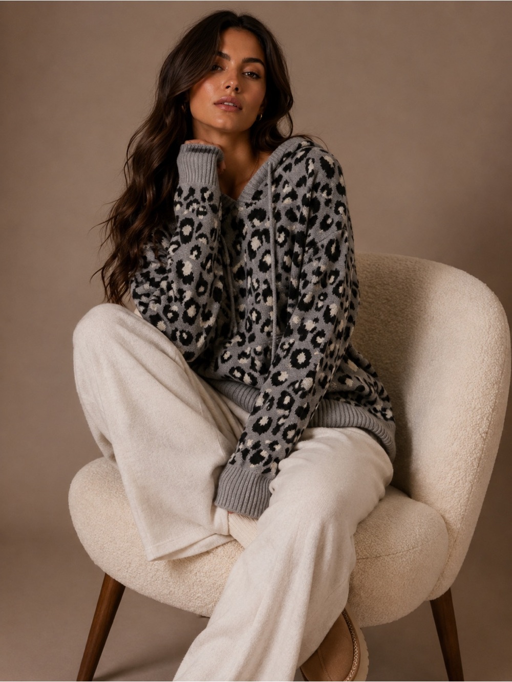 NWT Cozy Leopard Print V-Neck Hoodie Sweater - Grey